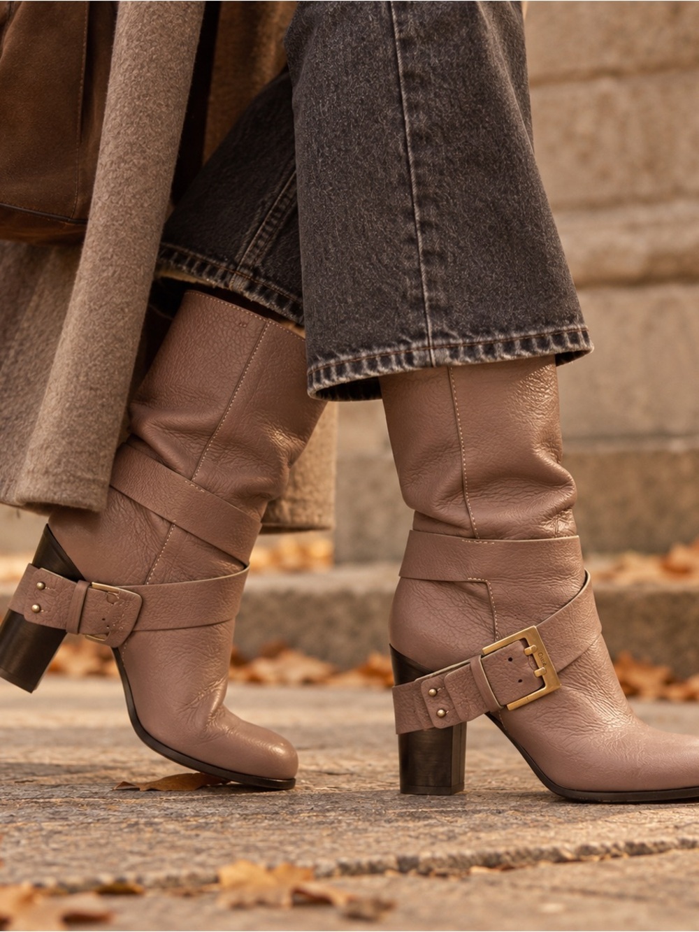 Chloé Leather Moto Biker Boots Dusty Mauve Taupe 36.5 Made in Italy